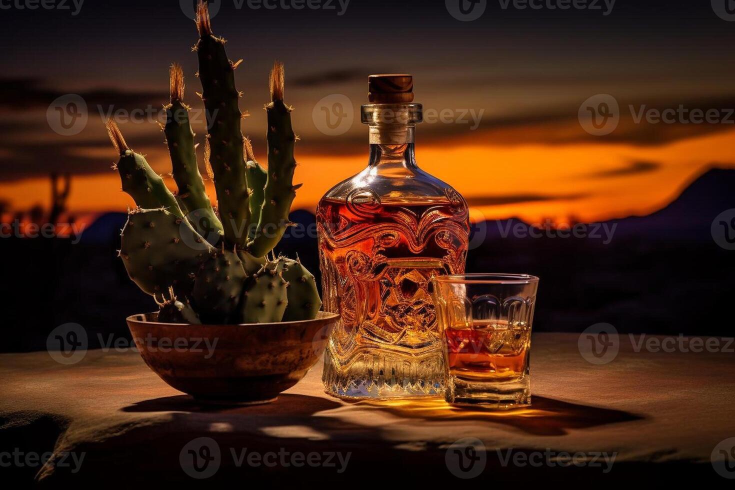Tequila Bottle with Desert Cactus. photo