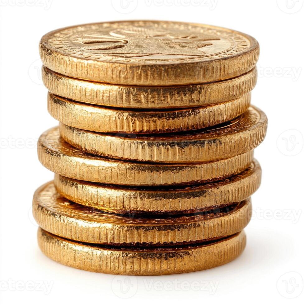Side view of a stack of gold coins isolated on a white background. photo