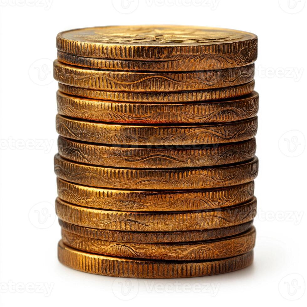 Side view of a stack of gold coins isolated on a white background. photo