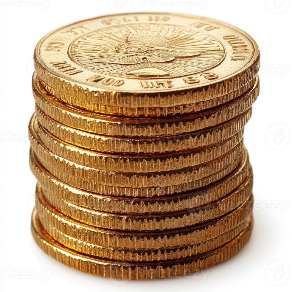 Side view of a stack of gold coins isolated on a white background. photo