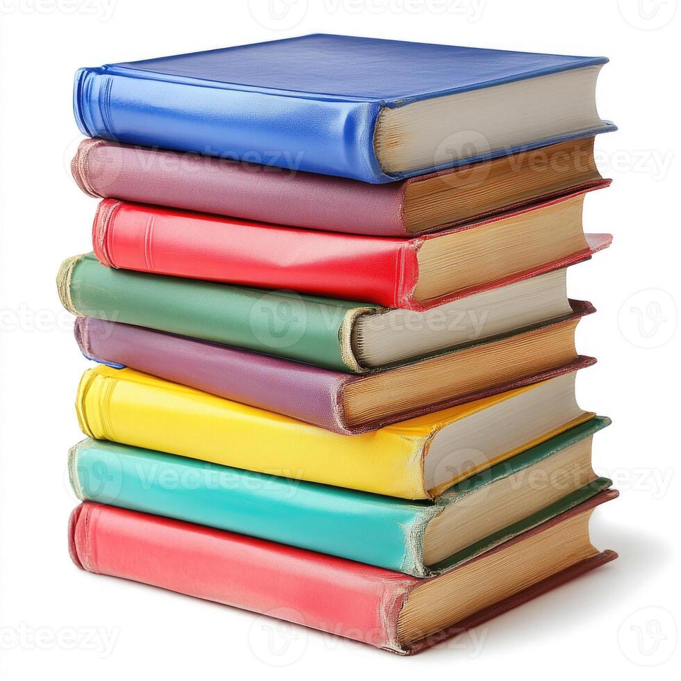 A stack of books with plain, colorful covers isolated on white. photo