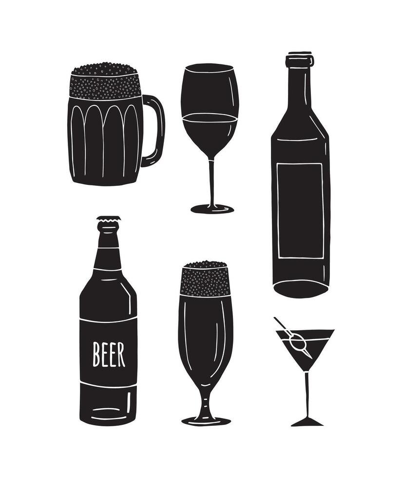 Set of alcohol bottles and glasses vector