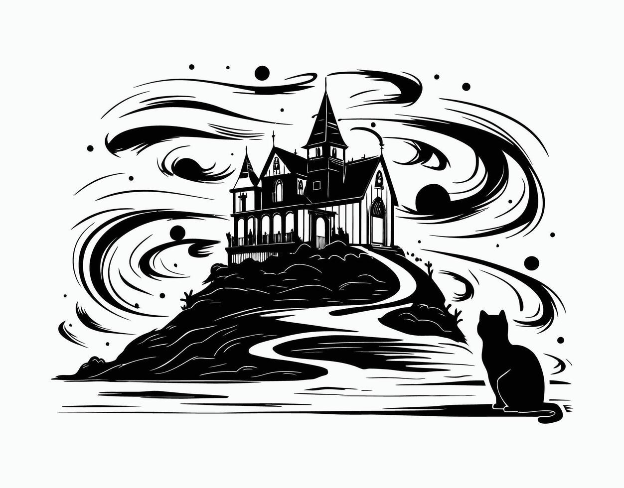 Haunting Hilltop Silhouette of a Spectral Home and Enigmatic Cat EPS Template vector