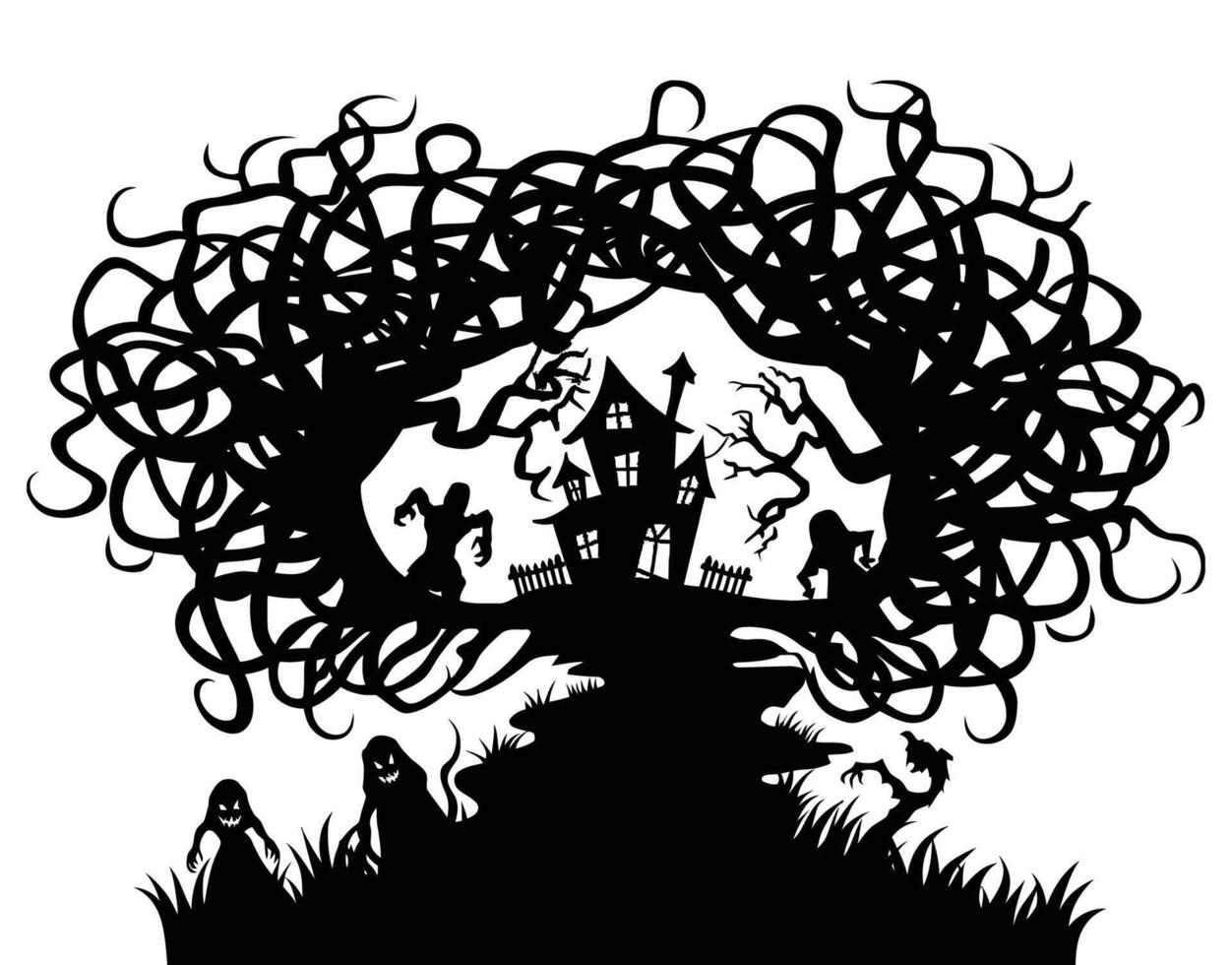 Mystical nightfall silhouetted trees and spooky manor EPS template vector