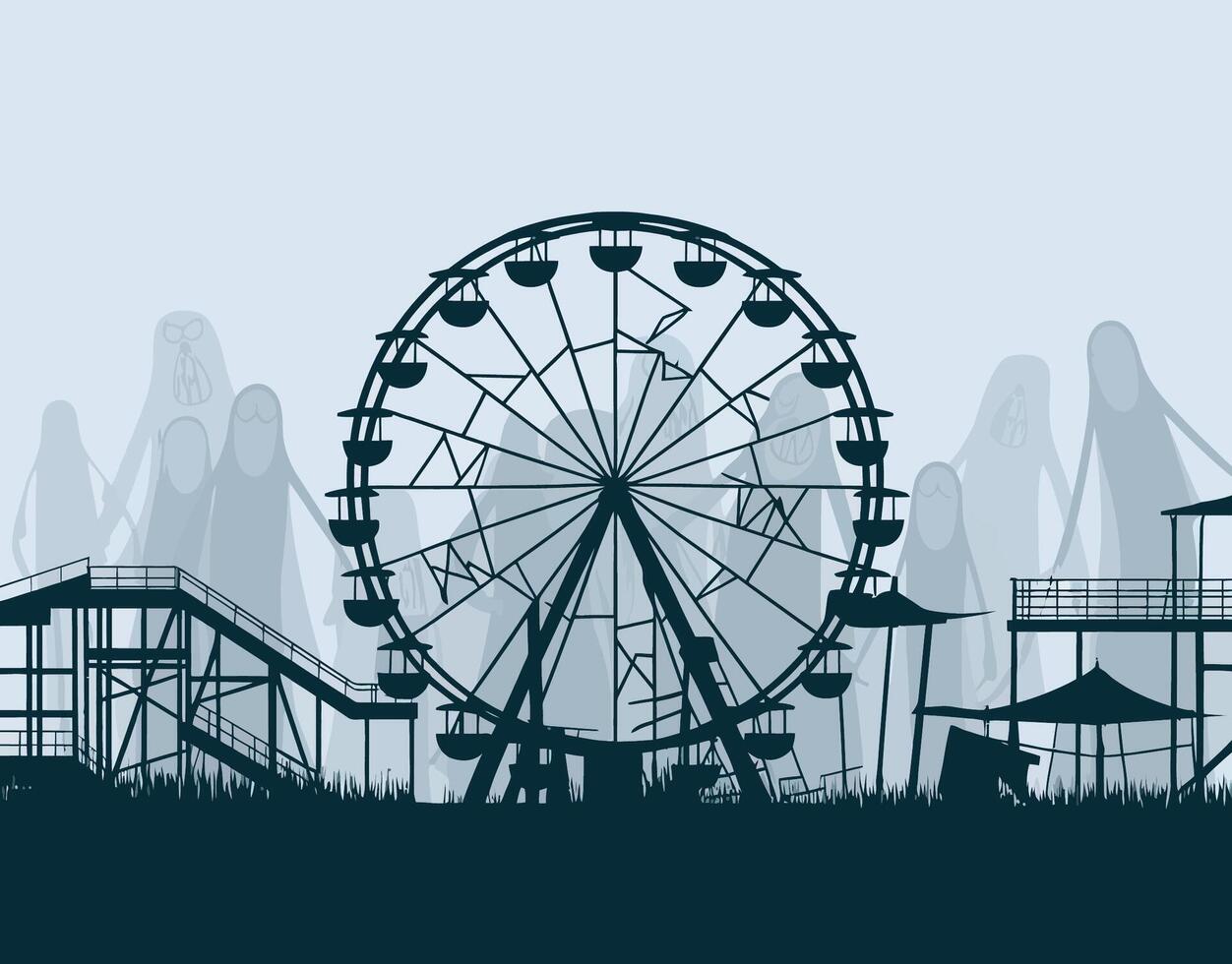 Silhouette of Ghostly Figures at a Deserted Amusement Park EPS Template vector