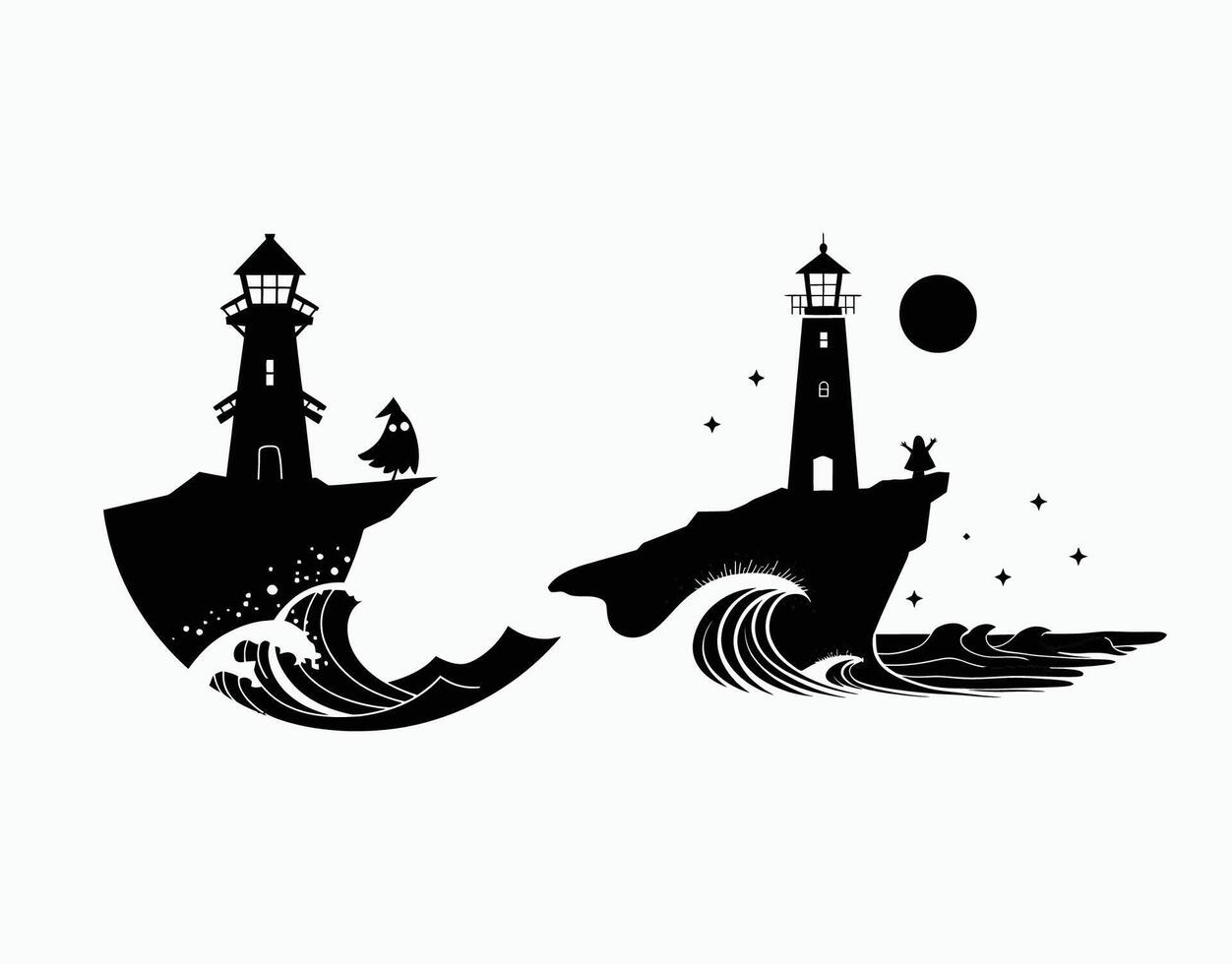 Minimalist Haunt Eerie Lighthouse and Spectral Sailor EPS template vector