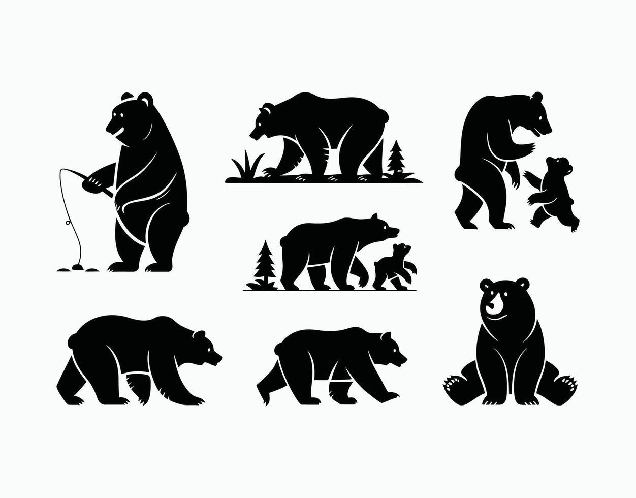 Black Bear Family Silhouettes Various Poses in EPS vector