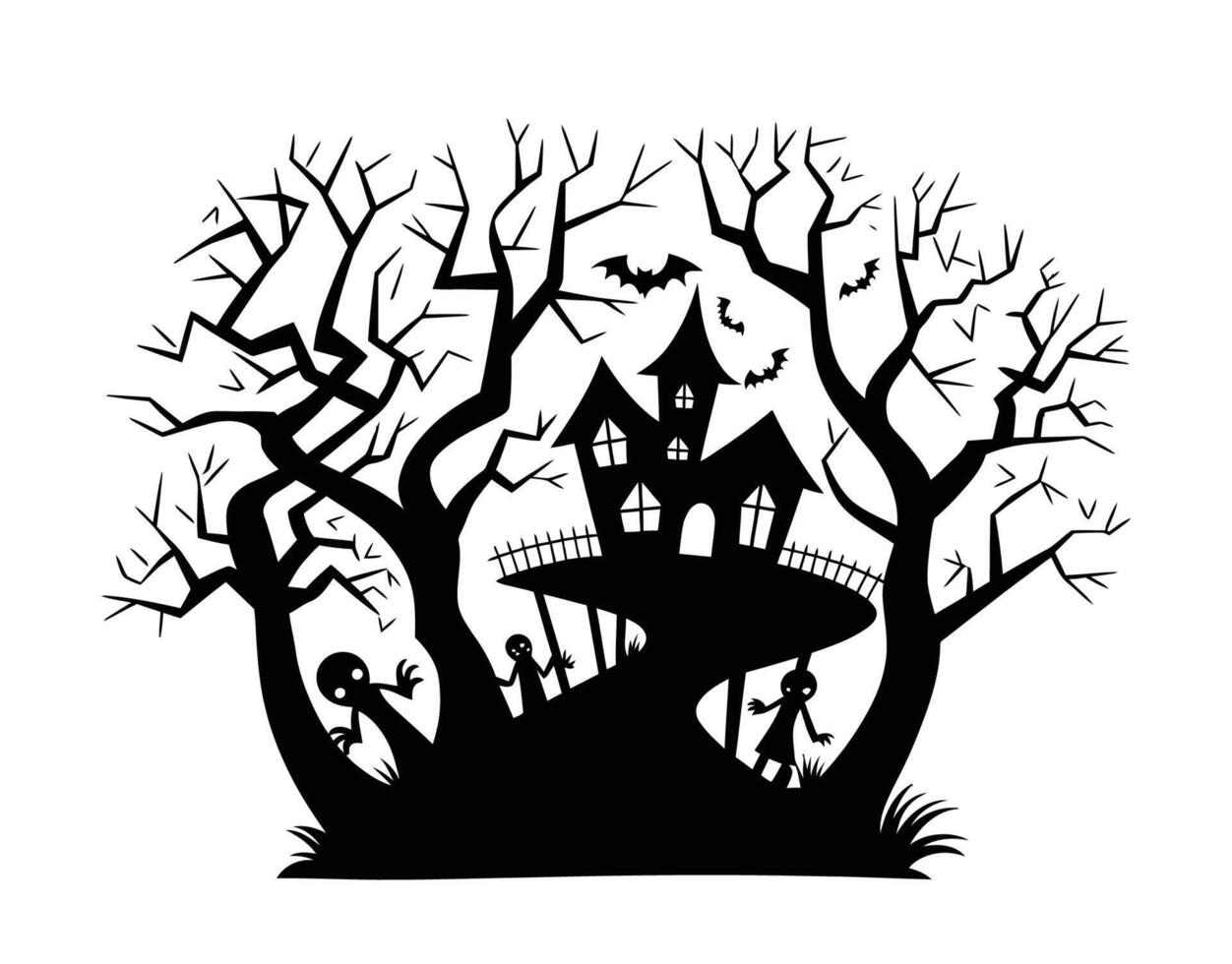 Dark forest silhouette with haunted house EPS template vector