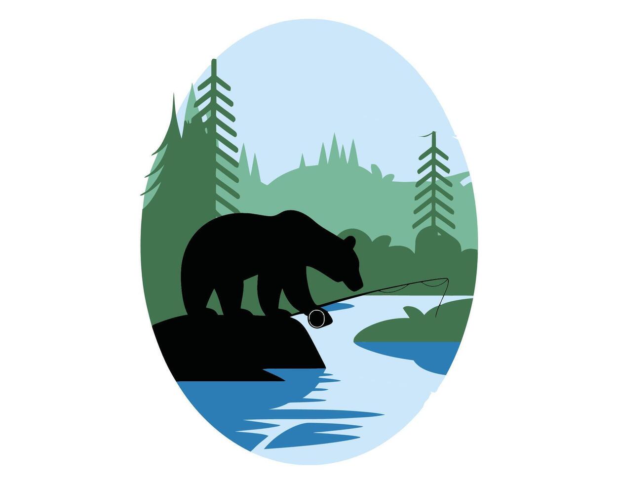 Simple Bear Silhouette Fishing Illustration Template vector