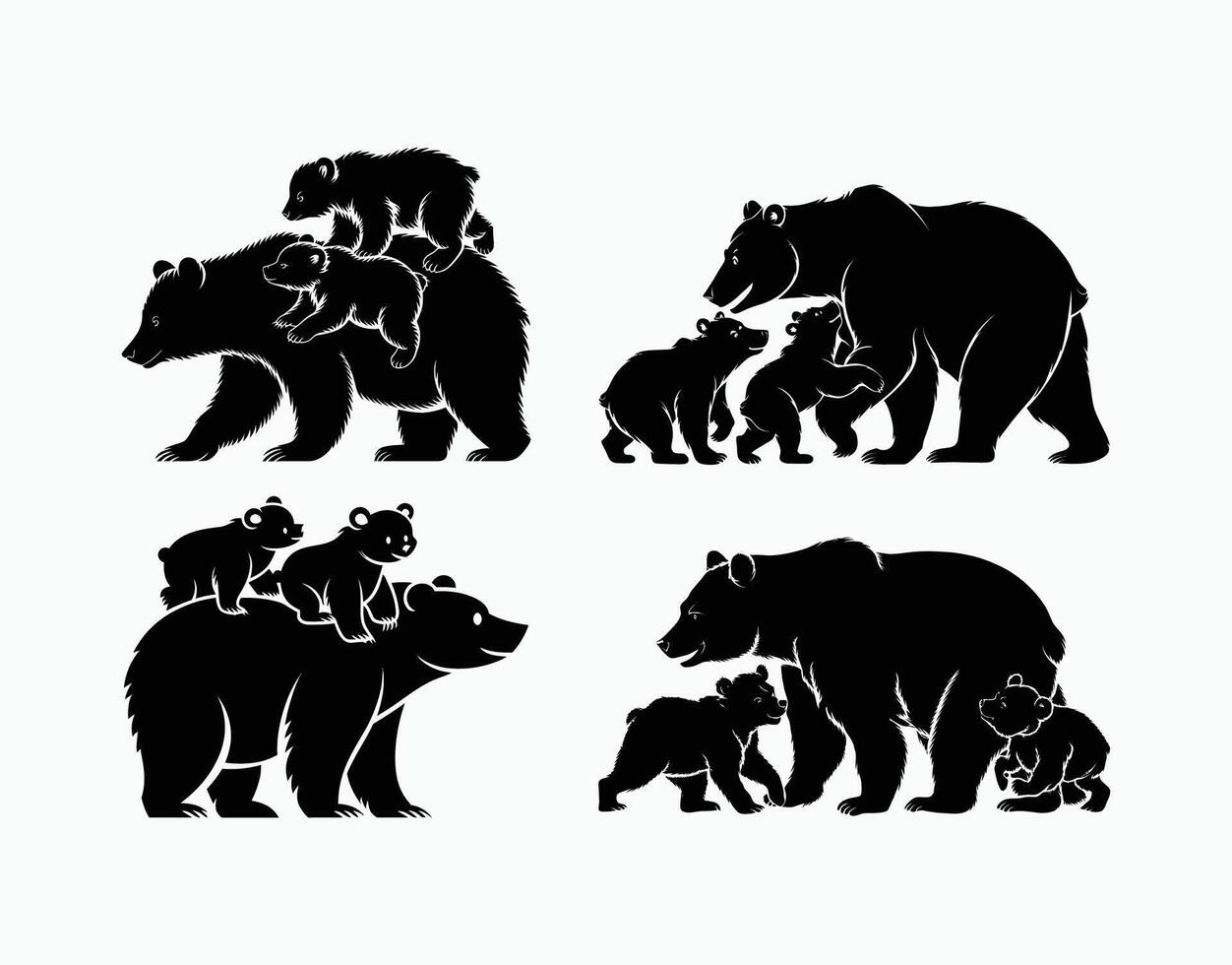 Elegant Black Bear Family Silhouettes Mother and Cubs EPS Template vector