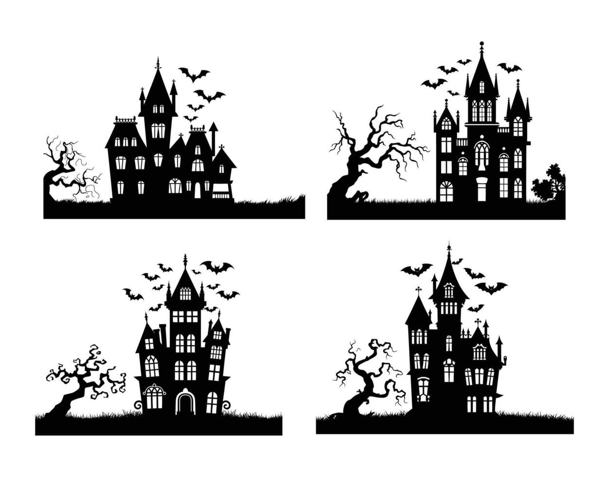 Collection of Mansion Silhouette with Bats and Trees EPS Template vector