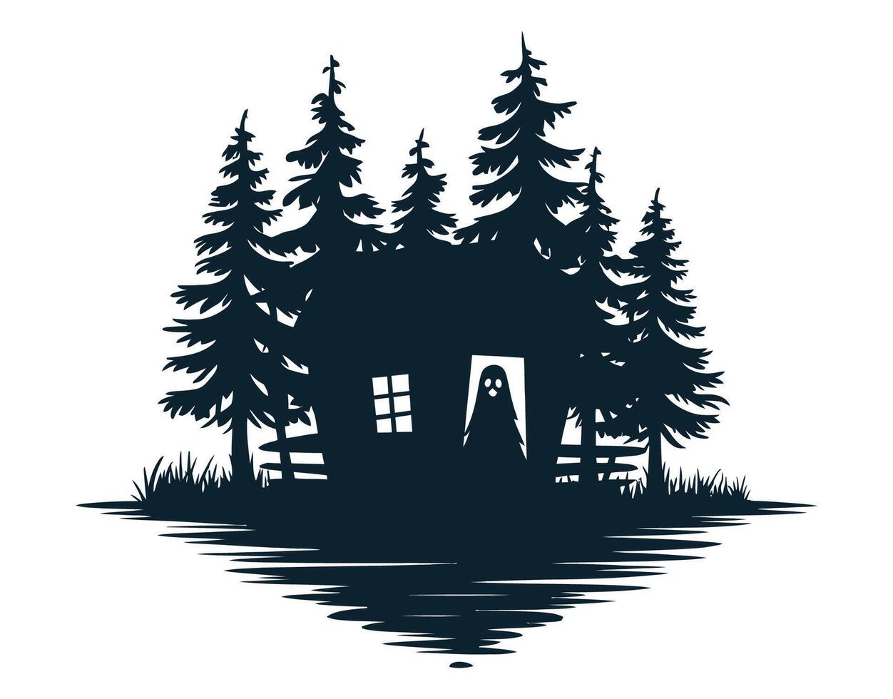Haunting Cabin Silhouette with Pine Trees EPS Template vector