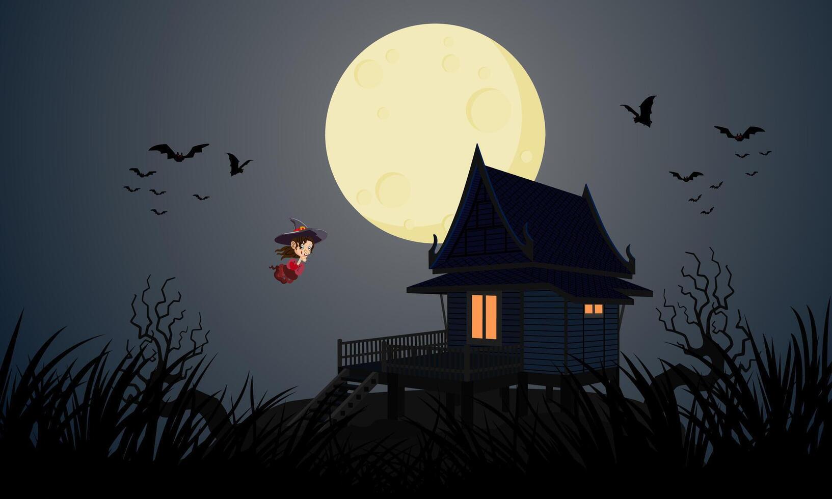 Halloween ghost release night. The Krasue ghost witch floats in the air near a Thai-style haunted house. vector
