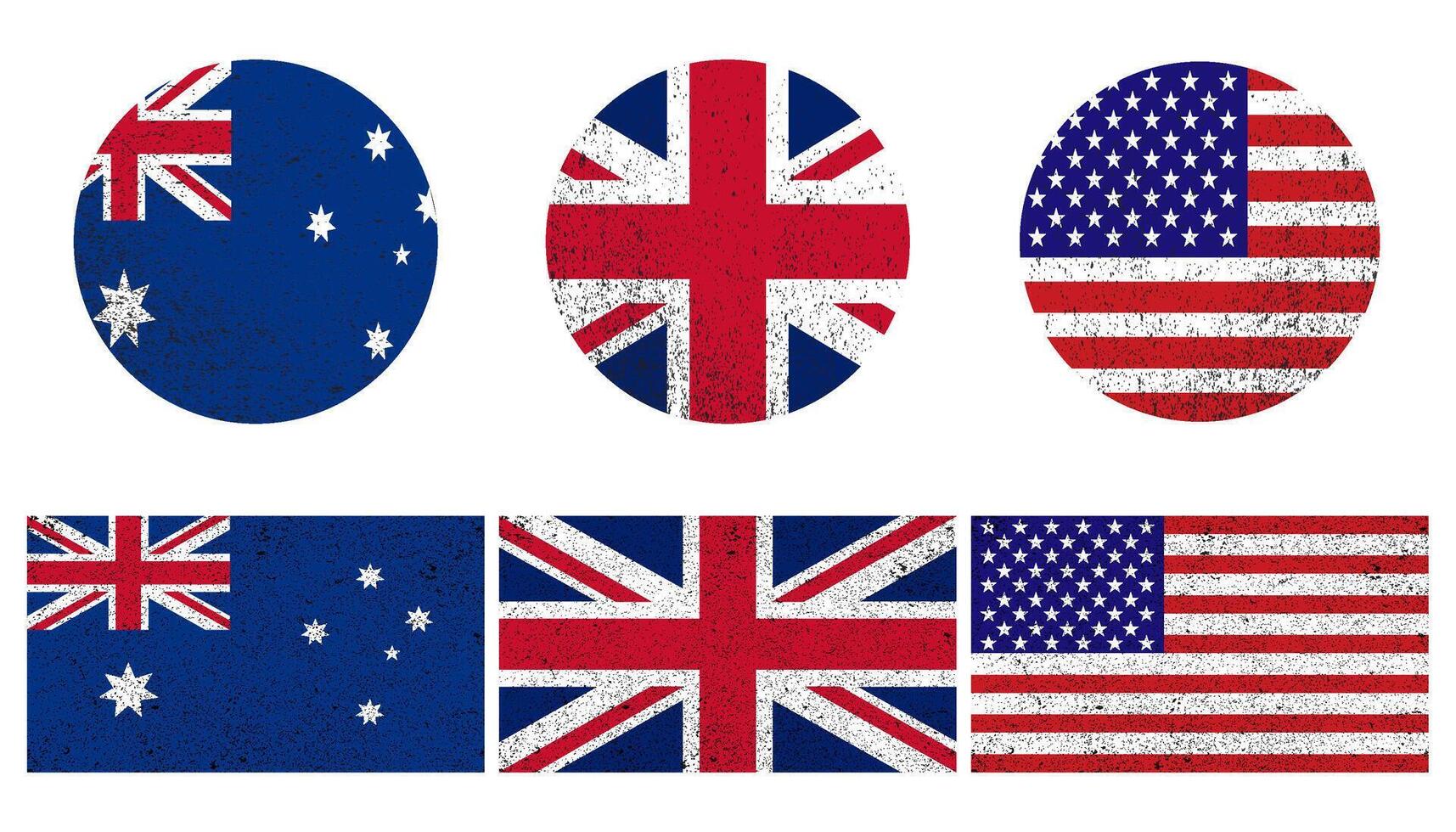 Australia, USA and UK round shape grunge flag icons with AUKUS banner illustration. vector