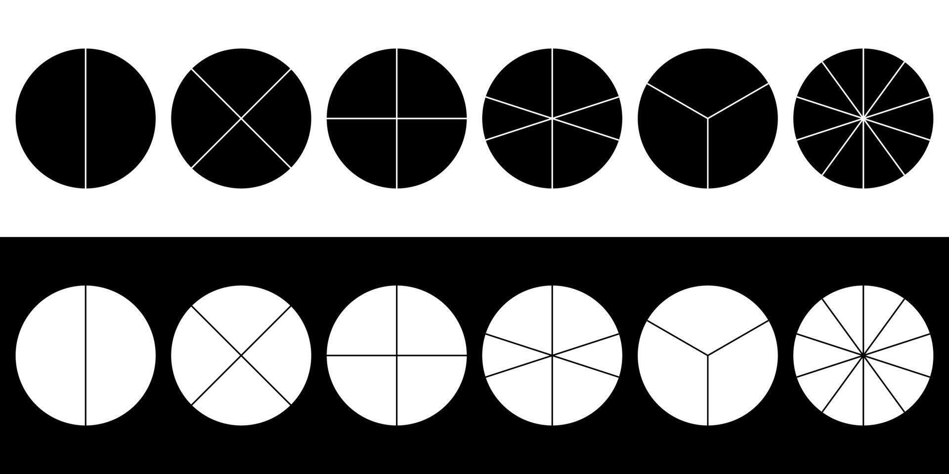 Circles divided in segments. Different numbers equal parts of the sector divides the circle illustration. vector