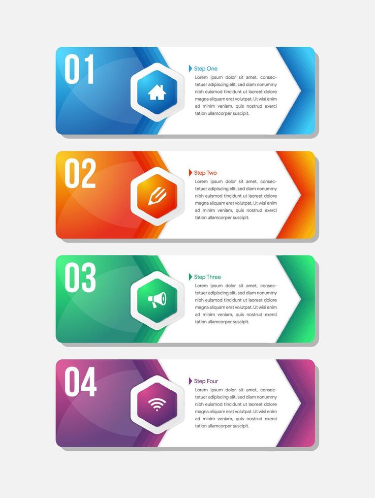 Infographic template for four options, steps or process. Perfect for workflow layout, annual report, business concept. Hexagon colorful options banner template vector