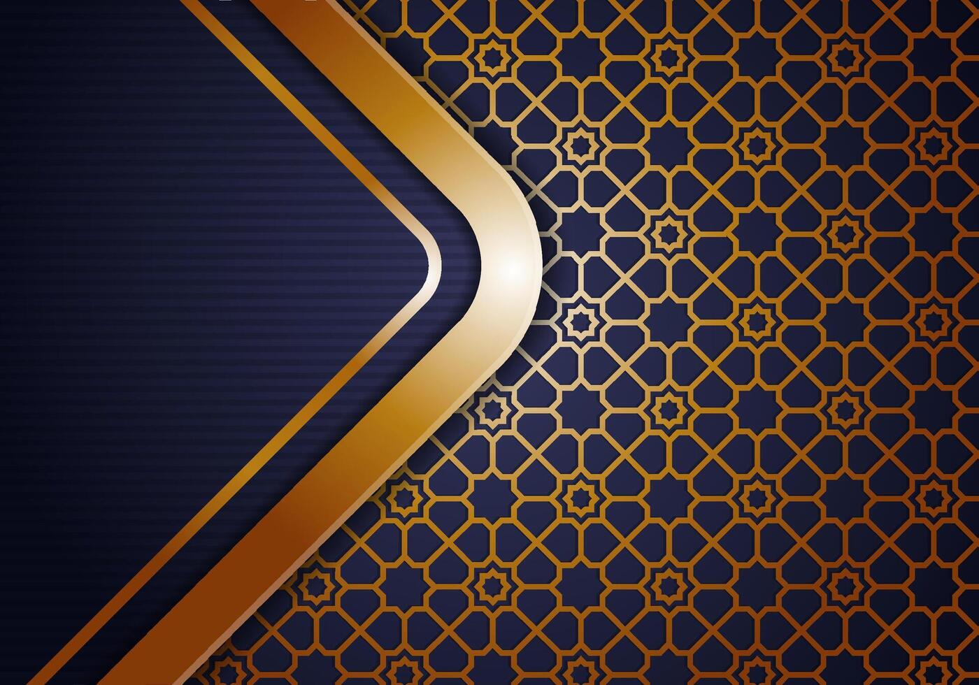 Abstract gradient white and gold geometric polygonal islamic pattern, technology design, gradient purple modern futuristic background illustration. striped texture on left side. vector
