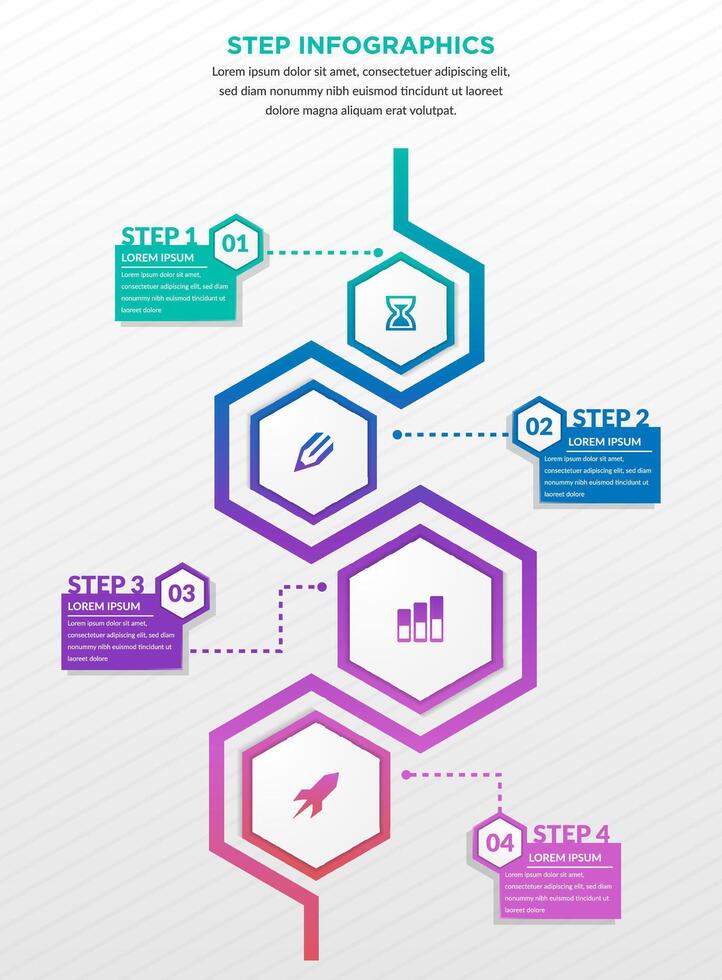 Hexagon shape loop zig zag infographics diagram. 4 Step business process infographic concept vector