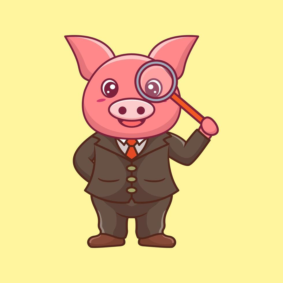 Cute Pig Detective Kawaii Cartoon Icon Illustration vector
