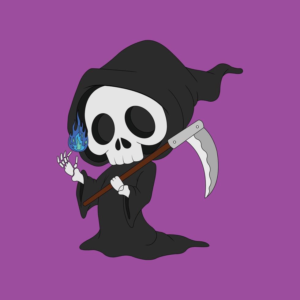 Cute cartoon halloween skeleton death character grim reaper with scythe vector