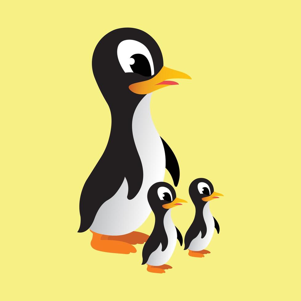 Mother Penguin With Two Kids In Cartoon Style vector