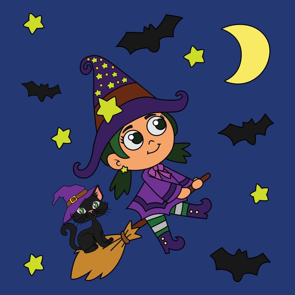 Cute little girl witch with a kitten flying on a broom vector