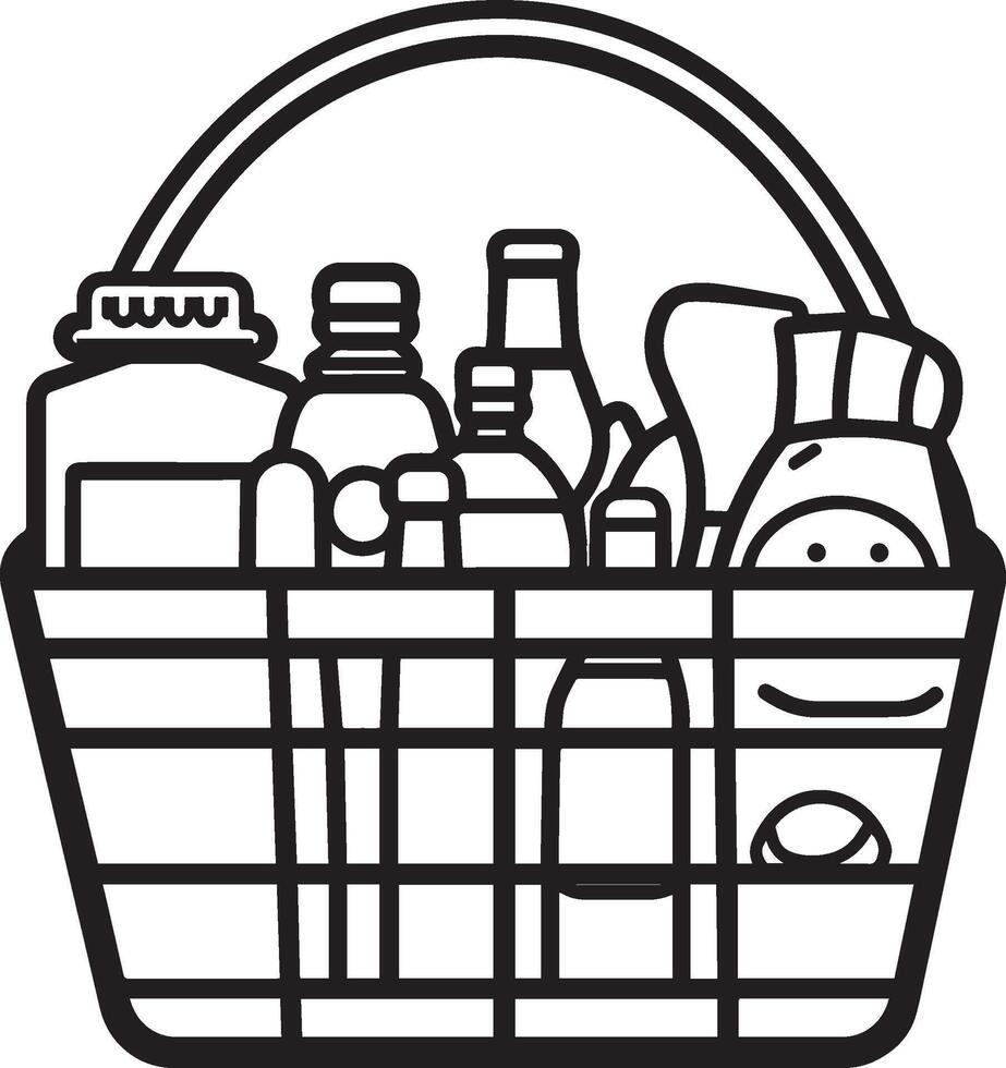 Shopping basket with variety of grocery products clean simple icon outline black vector
