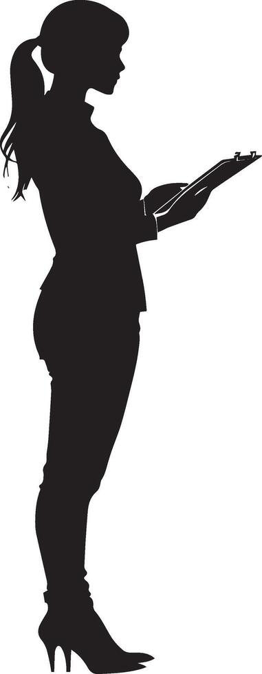 Businesswoman holding pen and clipboard full length silhouette black vector