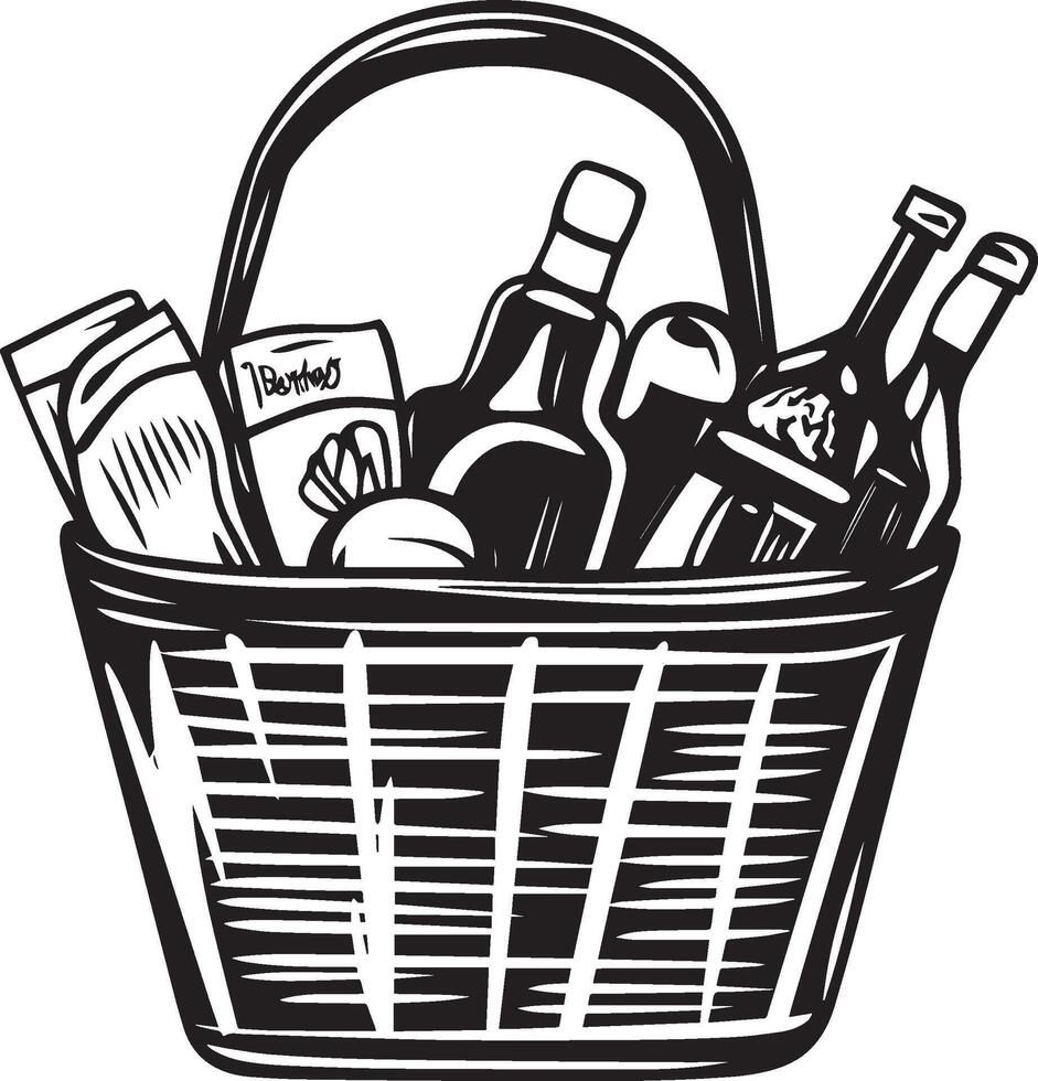 Shopping basket with variety of grocery products clean simple silhouette black vector