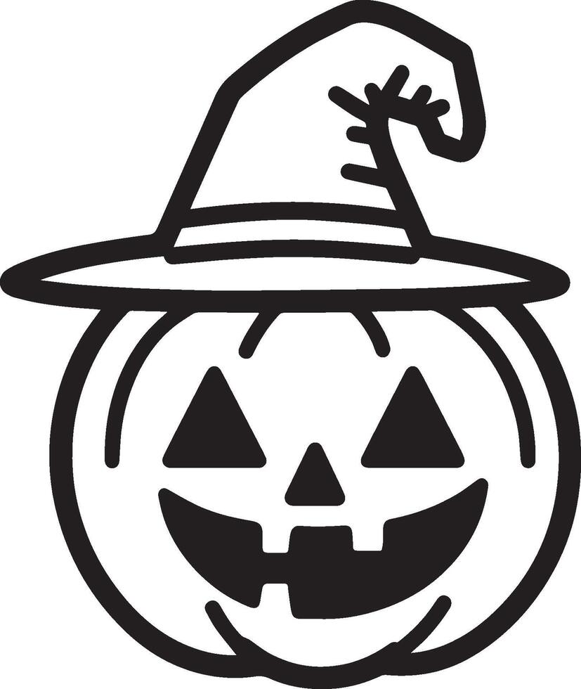 Cute Jack o lantern with witch hat linear black vector