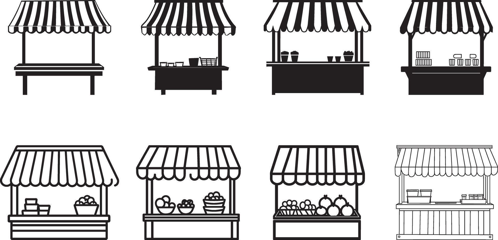 Collection of market stand stall with striped awning clean simple silhouette black vector