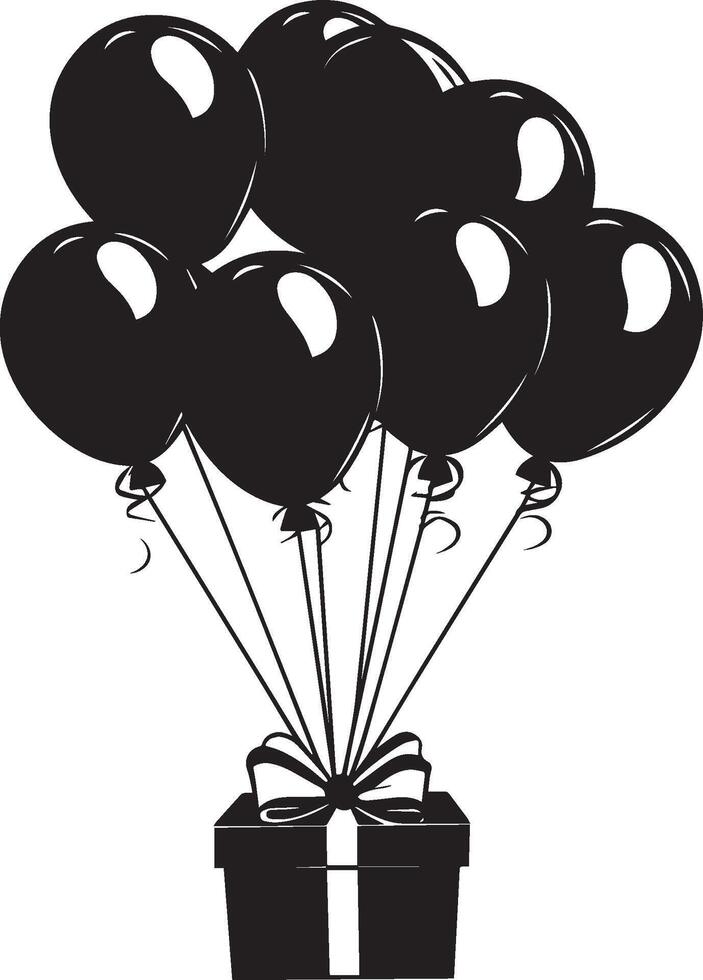 Bunch of flying balloons attached with gift box clean simple icon silhouette black vector
