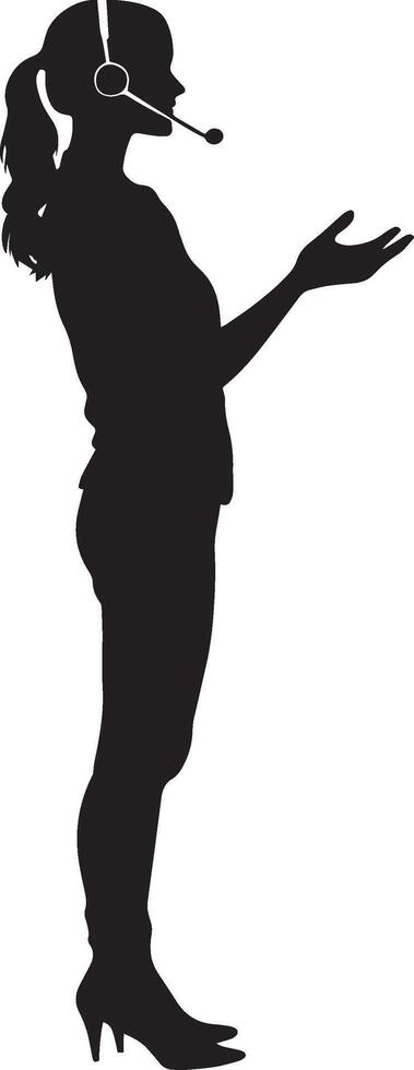 Woman with headset hands presenting something, call center full length silhouette black vector