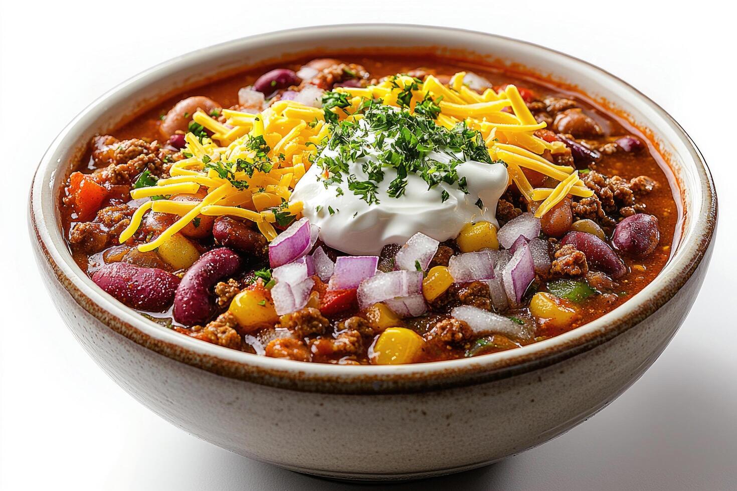 Bowl of chili with toppings photo