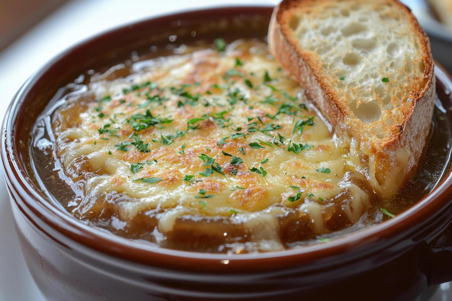 French onion soup with melted cheese photo