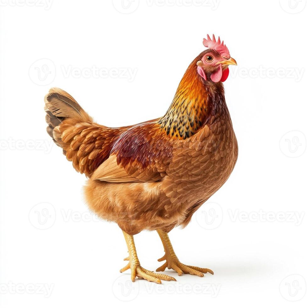 A full-body brown chicken hen standing, isolated on a white background. photo