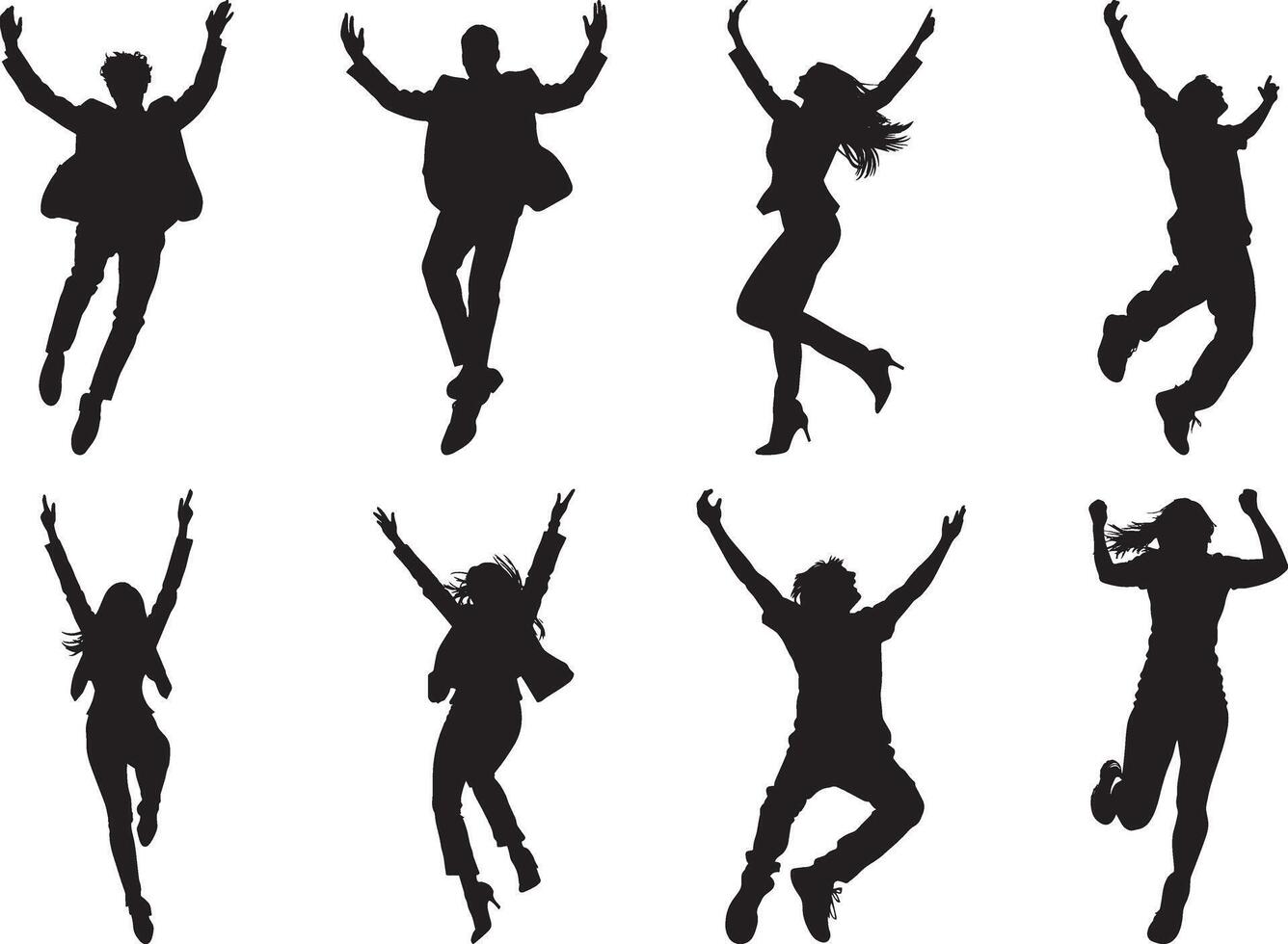 Collection of Happy people dancing or jumping full length silhouette black vector