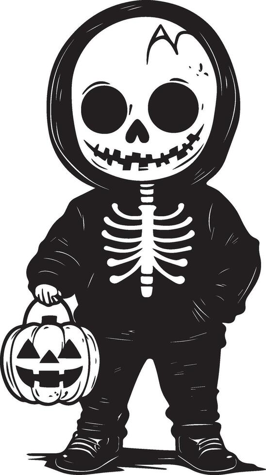 Little kid wearing Skeleton suit costume holding jack o lantern linear black vector