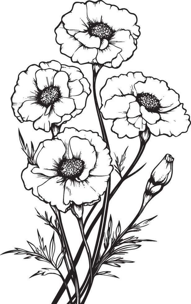 Composition of marigolds corner clean simple linear outline black vector