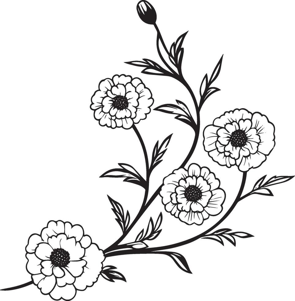 Composition of marigolds corner clean simple icon outline black vector