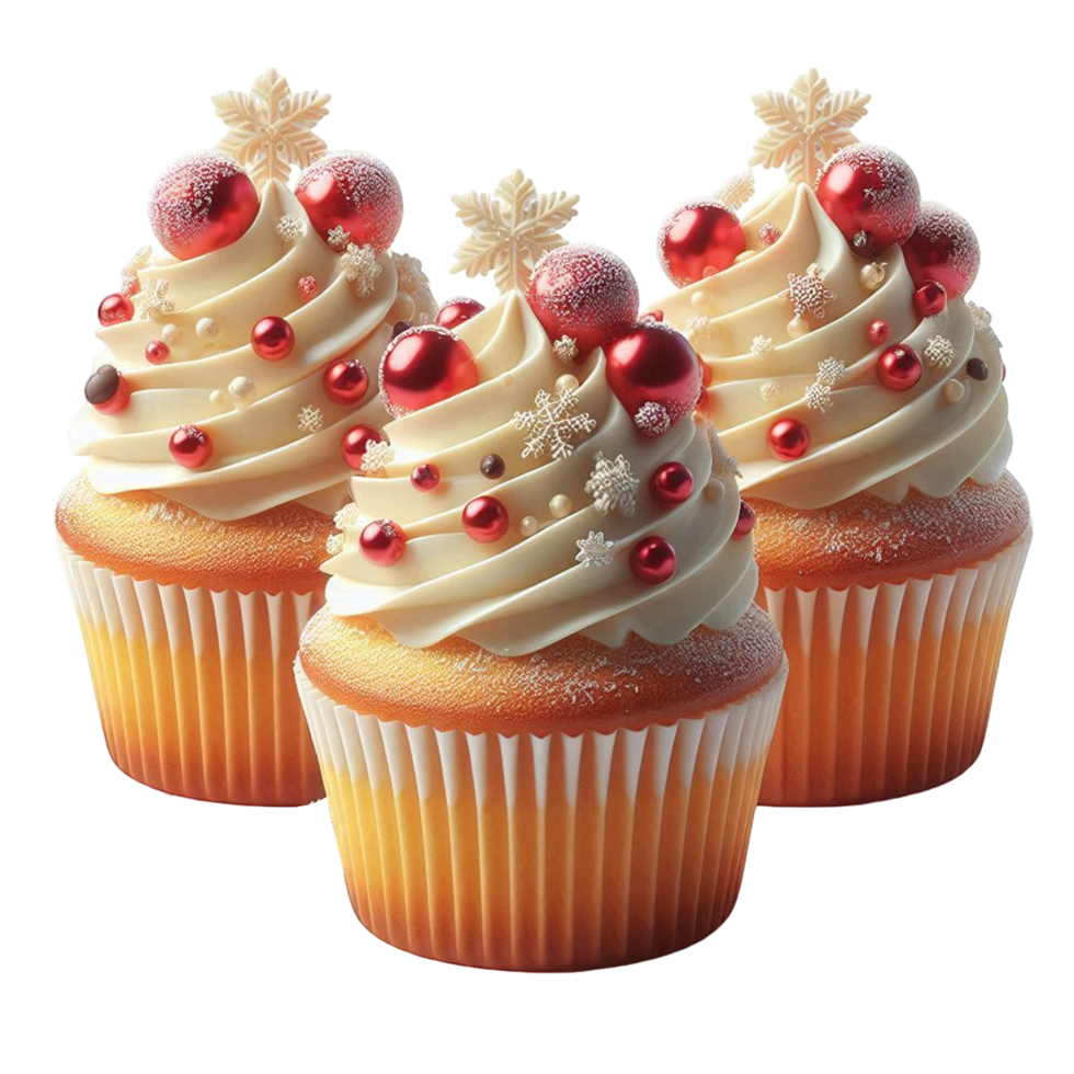 Delicious Christmas Cupcakes Decorated with Snowflakes and Baubles png