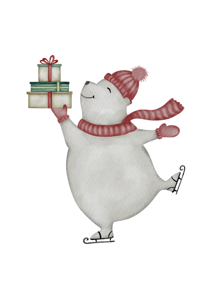 Happy Polar Bear with Presents Glides on Ice in Warm Winter Outfit png