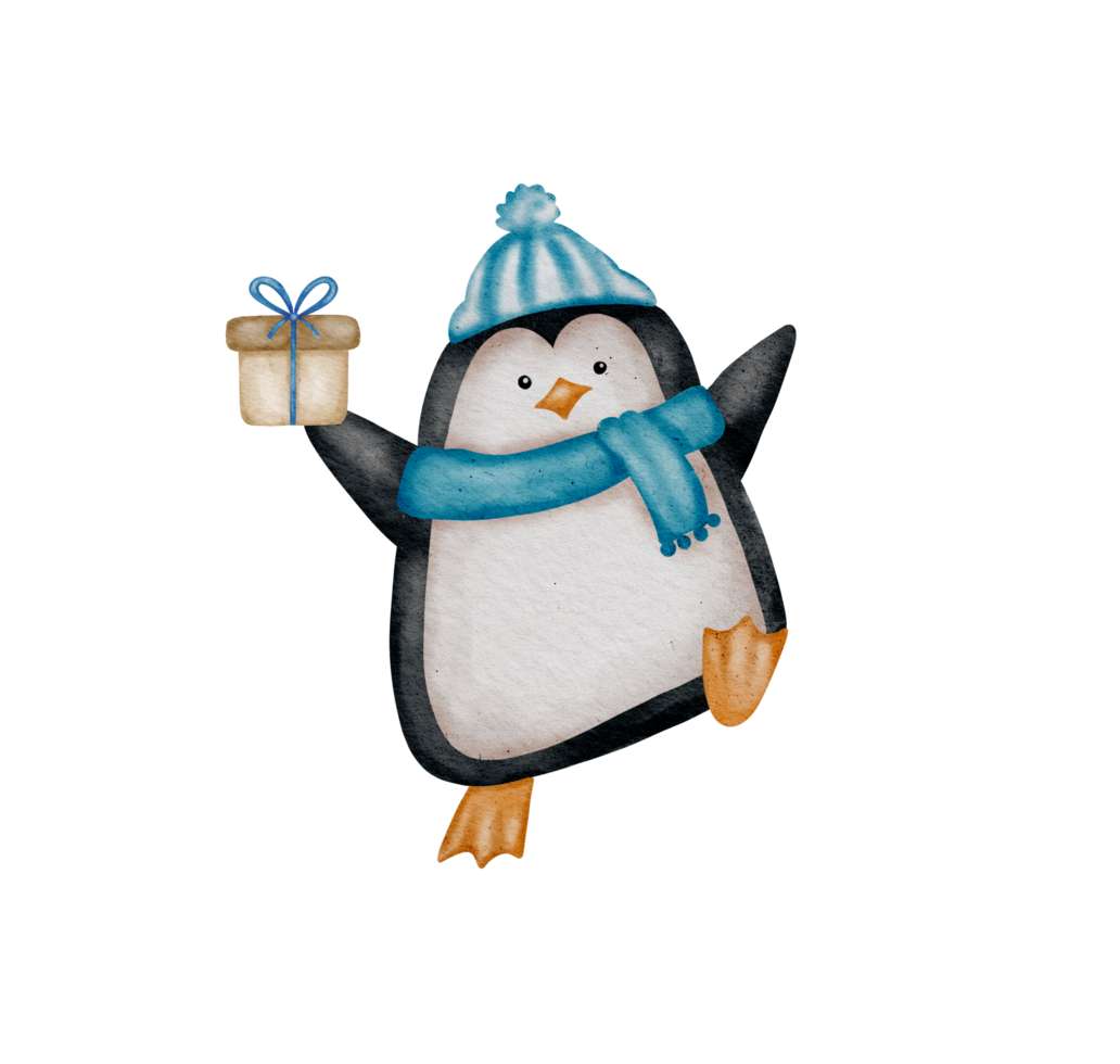 Joyful Penguin. Festive Watercolor Illustration with Christmas Attributes for Cheerful Cards png