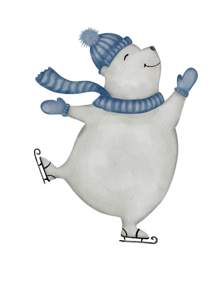Joyful Polar Bear Ice Skating in Winter Hat and Scarf png