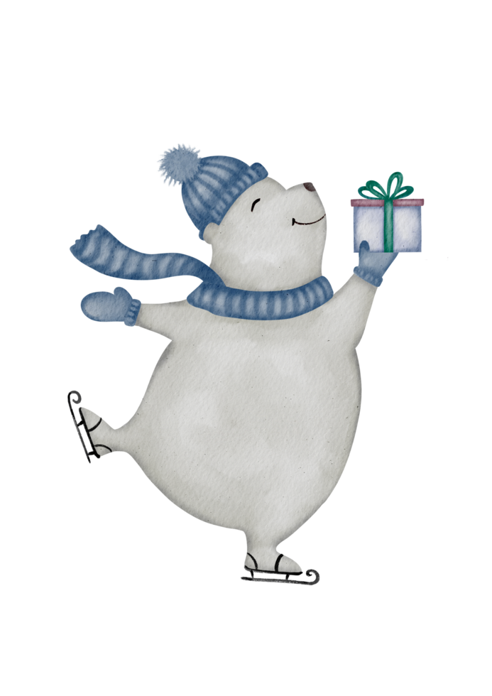 Winter Fun. Polar Bear with Presents Ice Skating in Cozy Clothes png