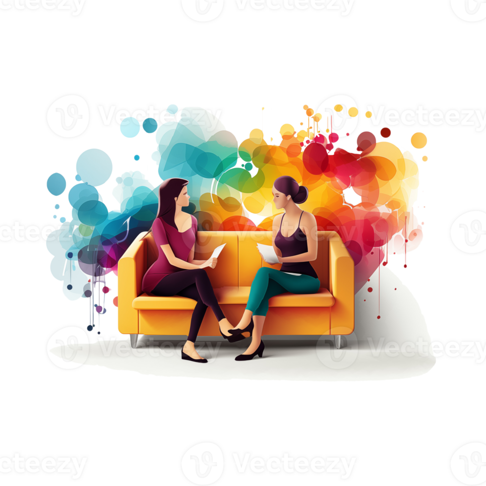 People sitting on sofa with colorful splashes. illustration for your design isolated on transparent background. png