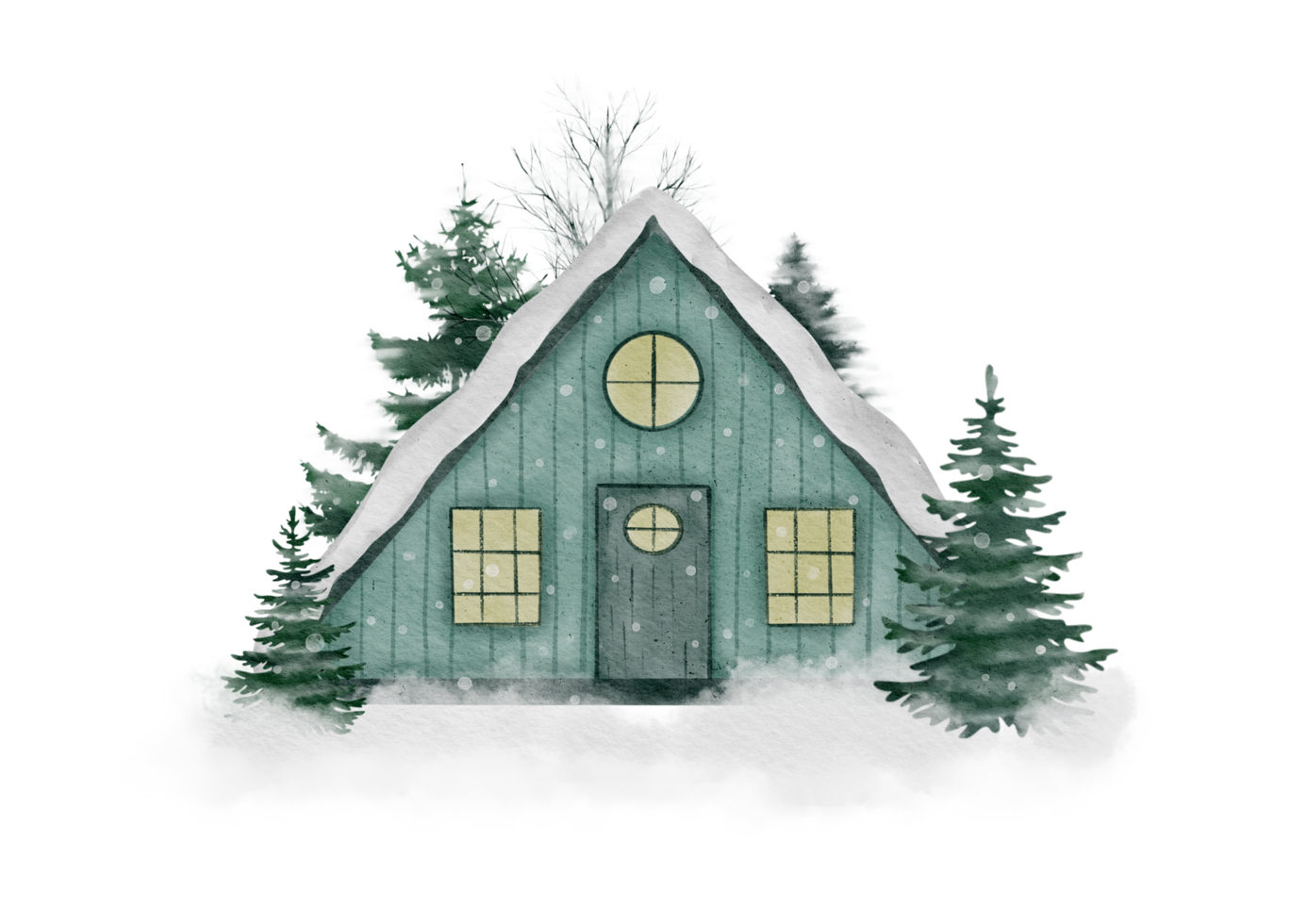 HoCozy Winter House in Snowy Forest with Warm Lights and Fir Trees png