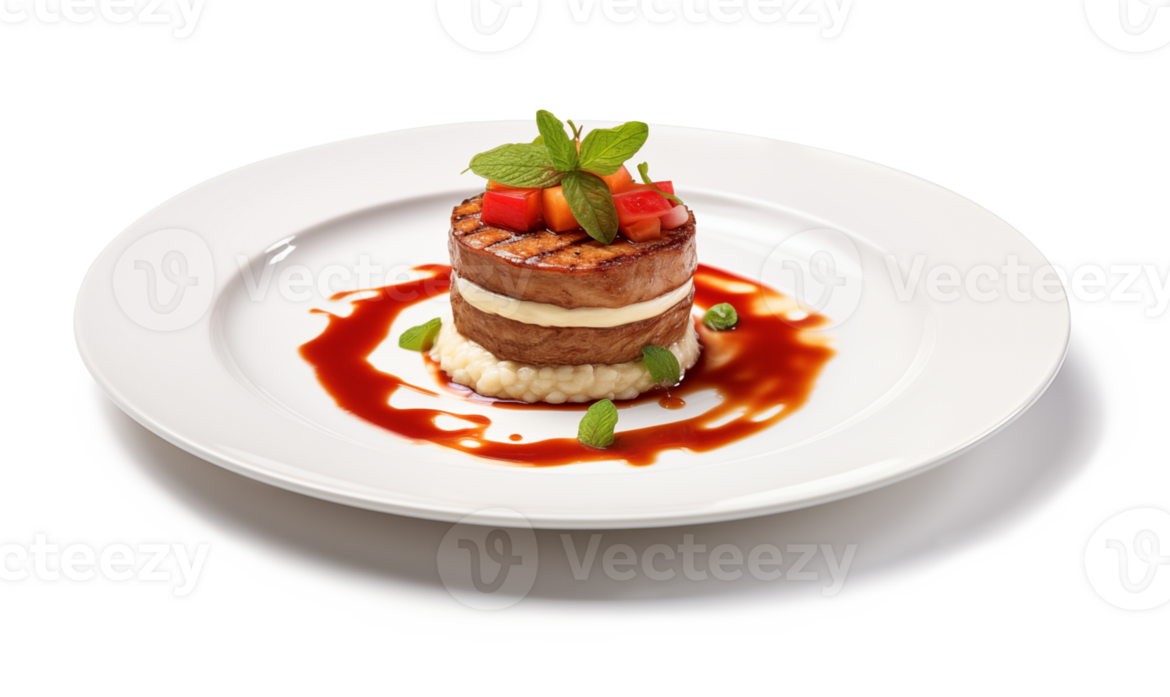 Grilled steak with sauce and vegetables on a plate isolated on a transparent background. png