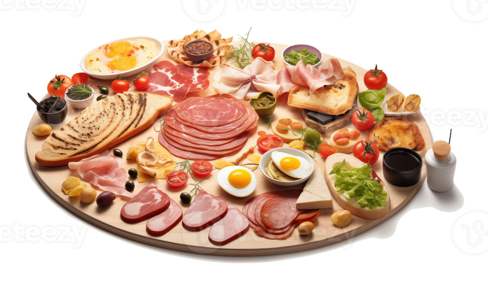 Breakfast table with ham, salami, cheese, eggs and vegetables, isolated on transparent background. png