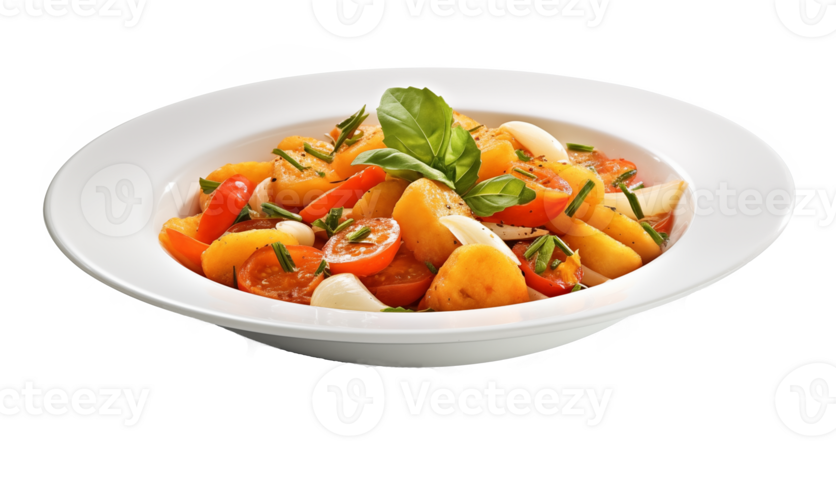 Potato salad with tomato and basil Isolated isolated on transparent background. png